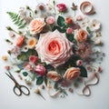 Flowers composition. Frame made of pink and orange roses on white background. Flat lay, top view, copy space Royalty Free Stock Photo